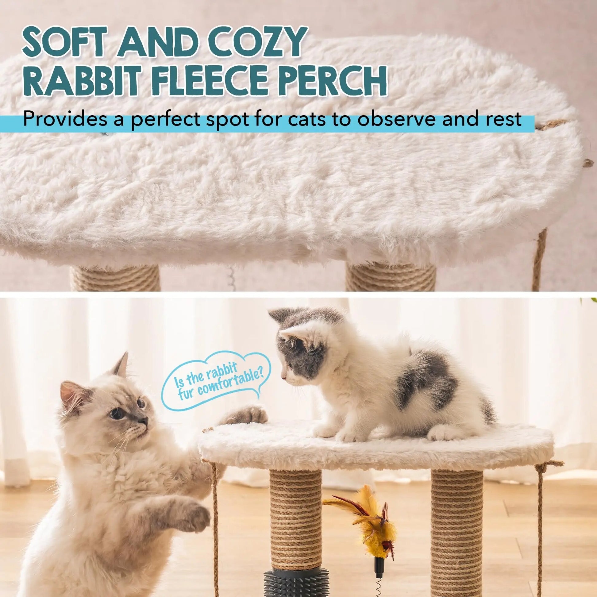 Cat Scratching Post for Indoor Soft Rabbit Fleece Perch for Rest Natural Sisal Scratcher Interactive Kitten Toy Balls