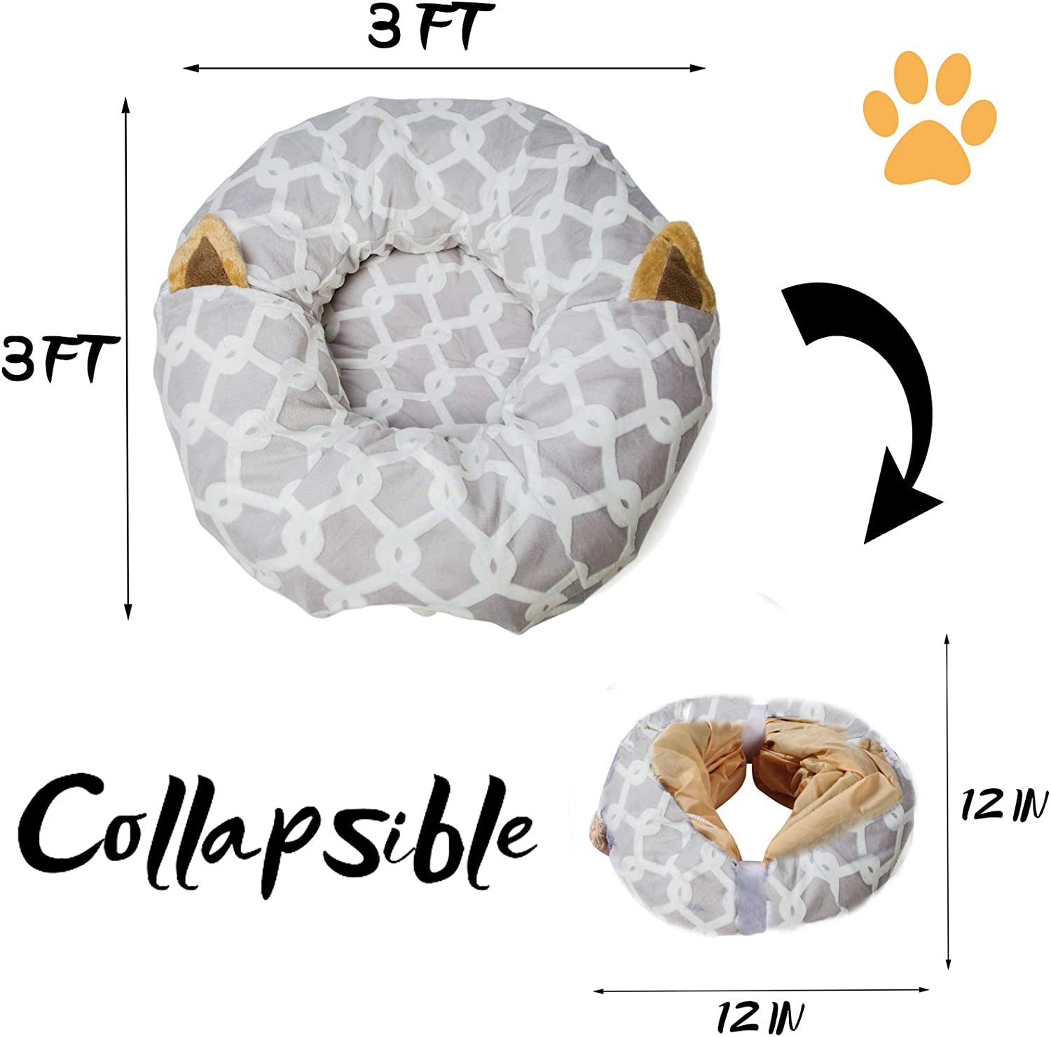 Cat Dog Tunnel Bed with Cushion Tube Toys Oxford Cloth Large Diameter Longer Crinkle Collapsible 3 Way for Large Cats Kittens Kitty Small Puppy Outdoor 3FT