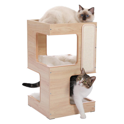 23" Wood Cat House Furniture for Indoor Cats, Modern Cat Tree Tower Bed with Free Cat Toy, Scratching Pad and Removable Soft Mats, Small Cat Condo, Brown