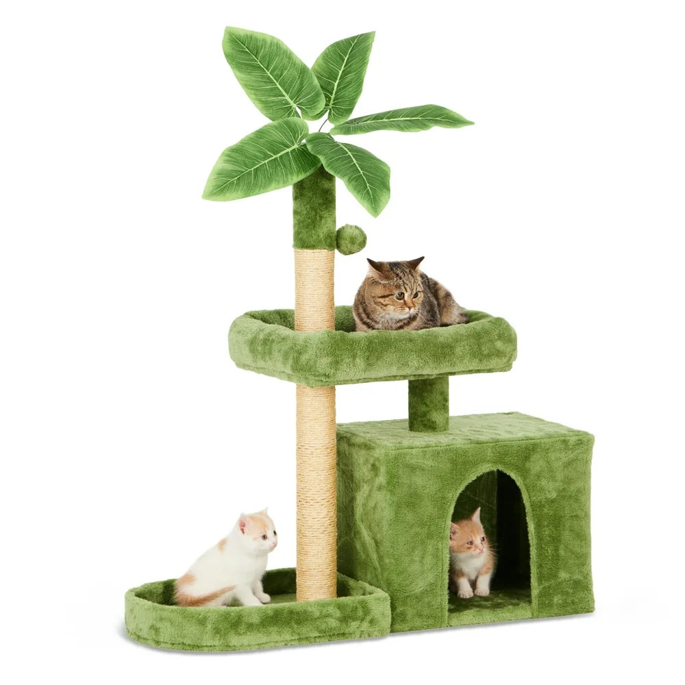 31.5" Cat Tree Cat Tower for Indoor Cats with Green Leaves, Cat Condo Cozy Plush Cat House with Hang Ball and Leaf Shape Design, Cat Furniture Pet House with Cat Scratching Posts,Beige